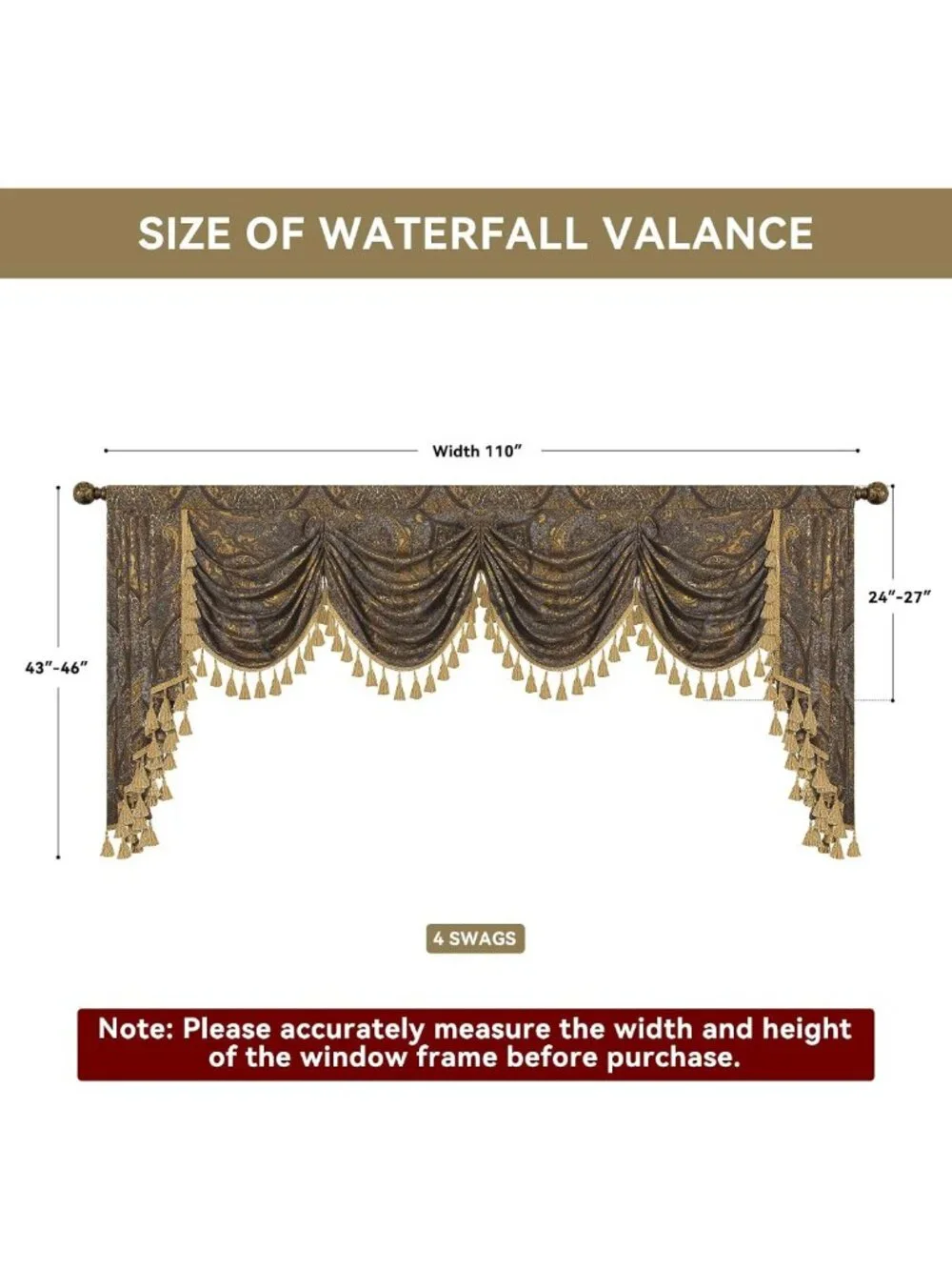 Antique Damask Waterfall Valance for Living Room, 110